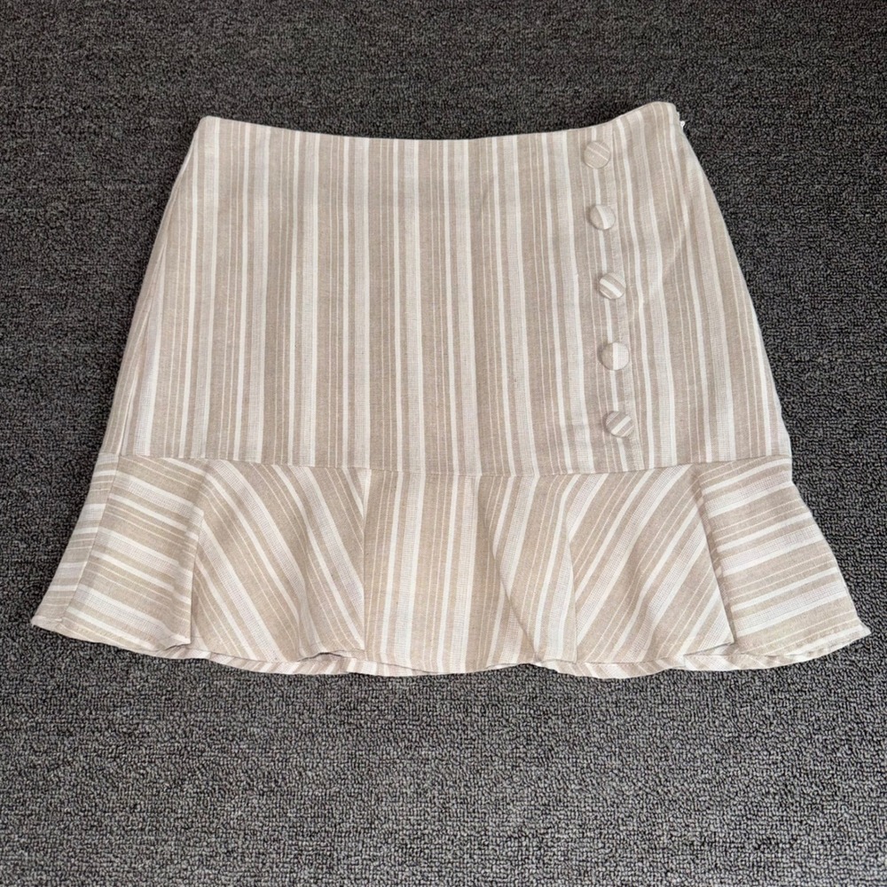 Altar'd State Beige White Striped‎ Linen Blend Ruffle Mini Skirt Women's Medium